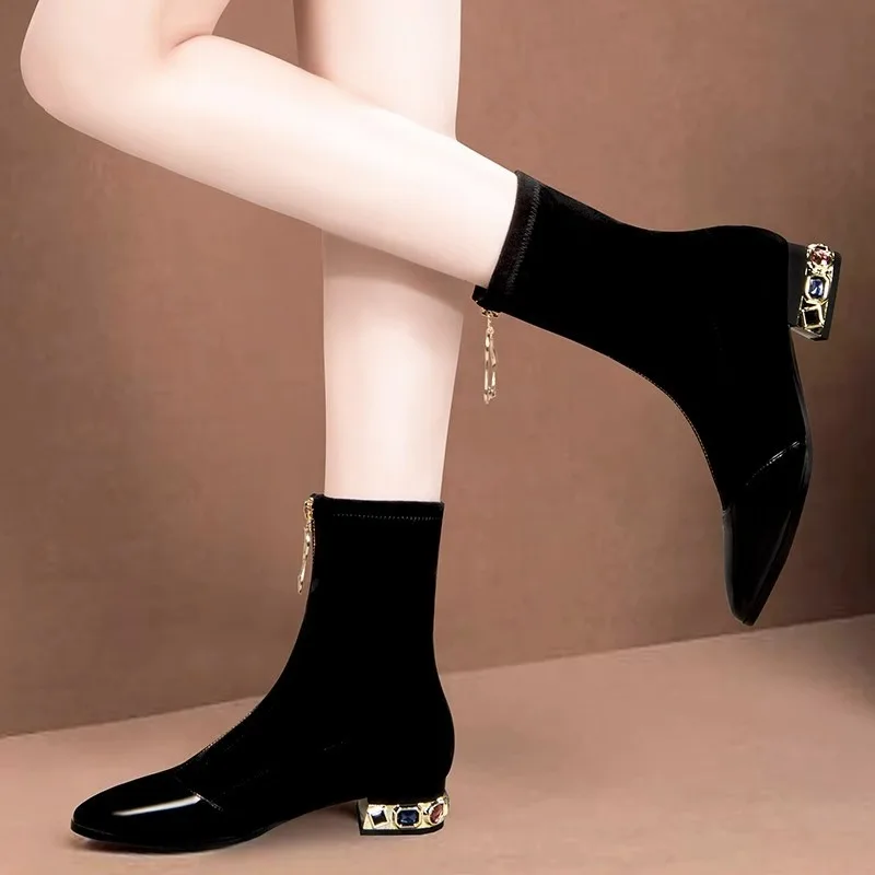 Sepatu Bot Wanita Berkilau den - Sewing Front Zipper ulasan dan harga